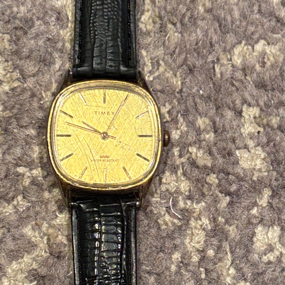 Timex Men's Watch with Gold Dial and Black Strap vintage windup square